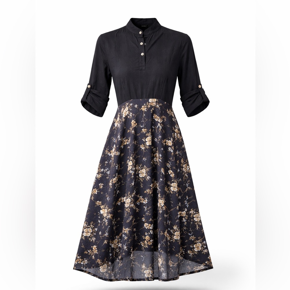 Boho High Low Floral Midi Dress L Organic Cotton Viscose Adjustable Waist - Picture 5 of 11
